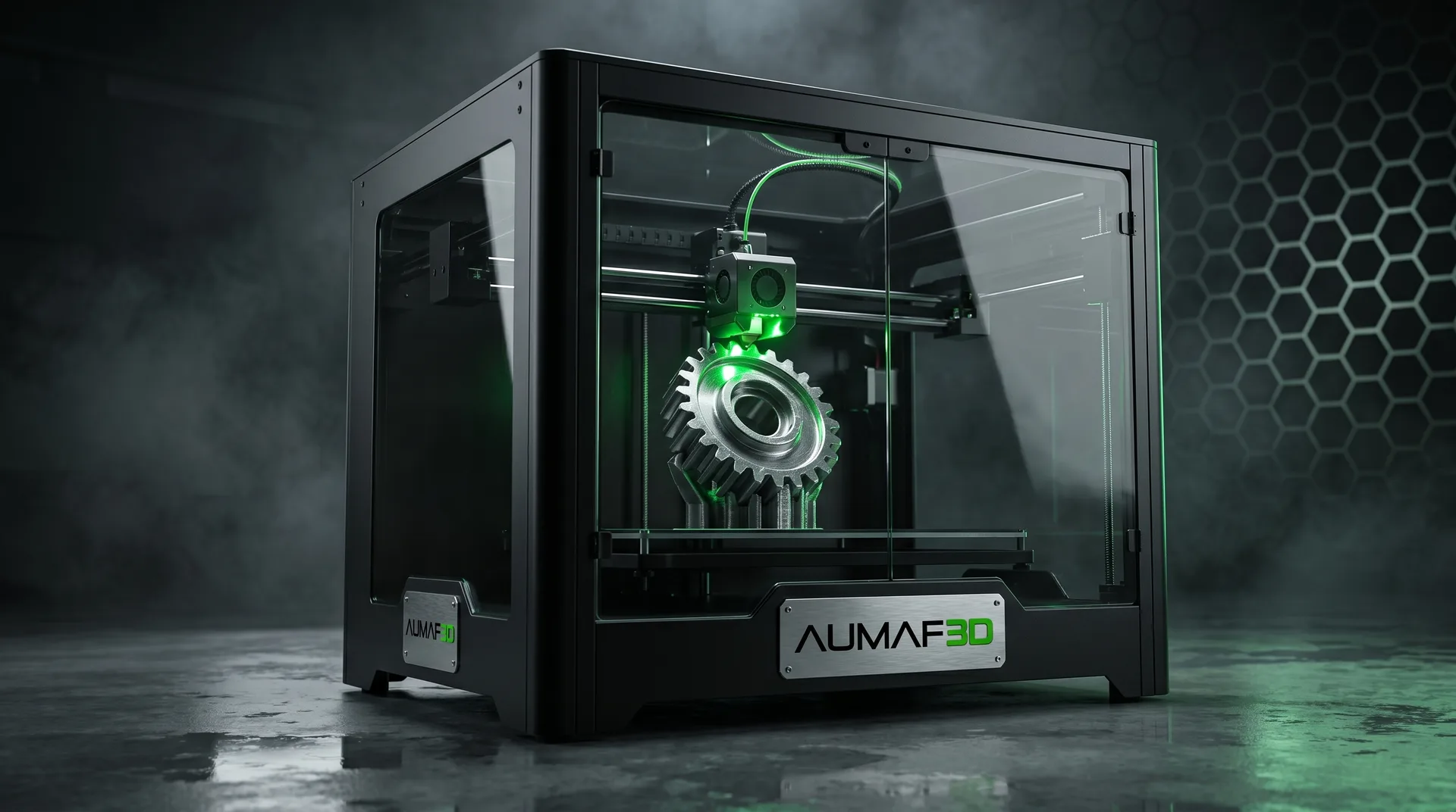 Impressora 3D industrial AUMAF 3D imprimindo engrenagem metálica — extrusor com glow verde, ambiente cinematográfico