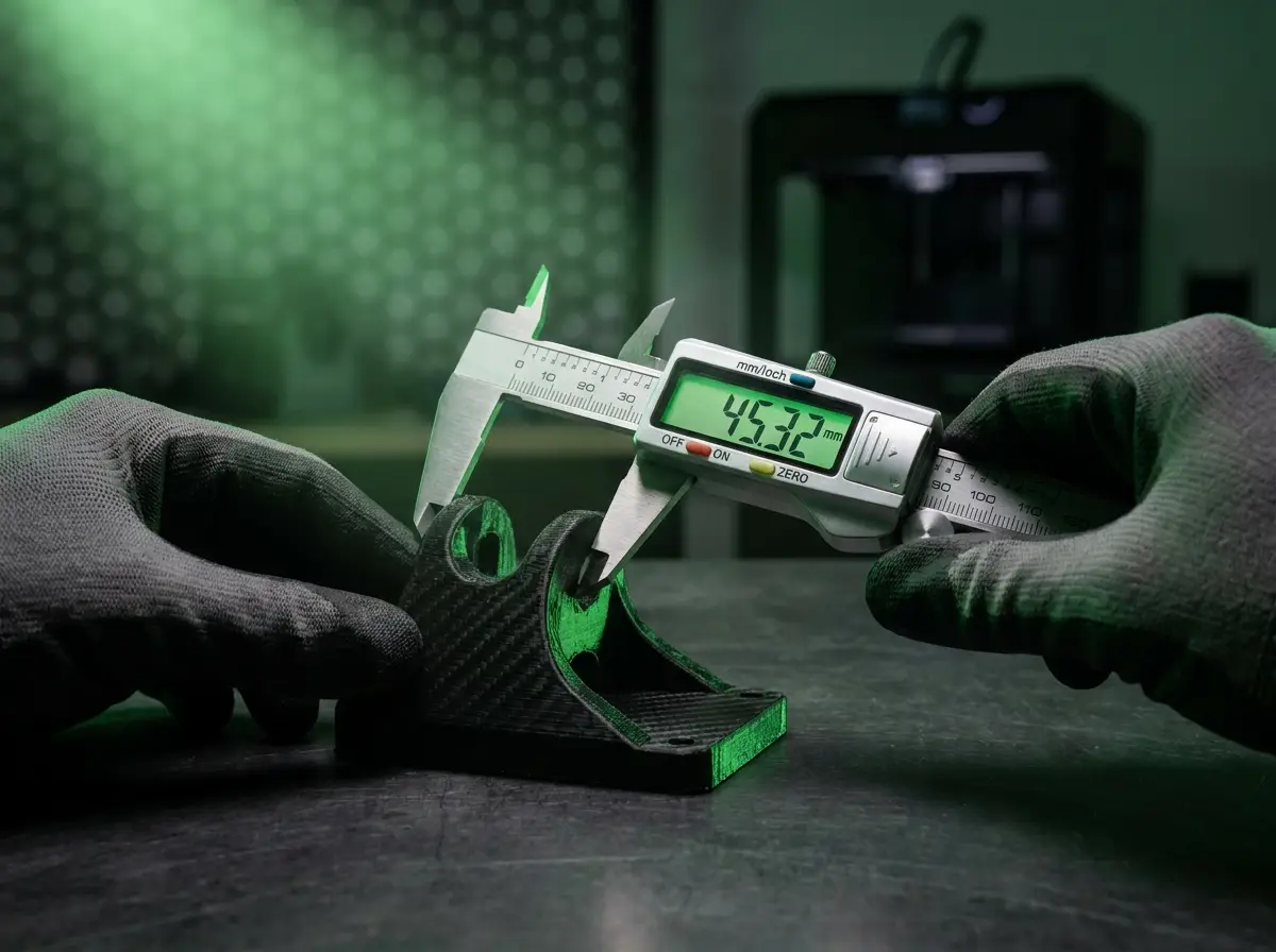 Engenheiro AUMAF inspecionando peça impressa em 3D com paquímetro digital